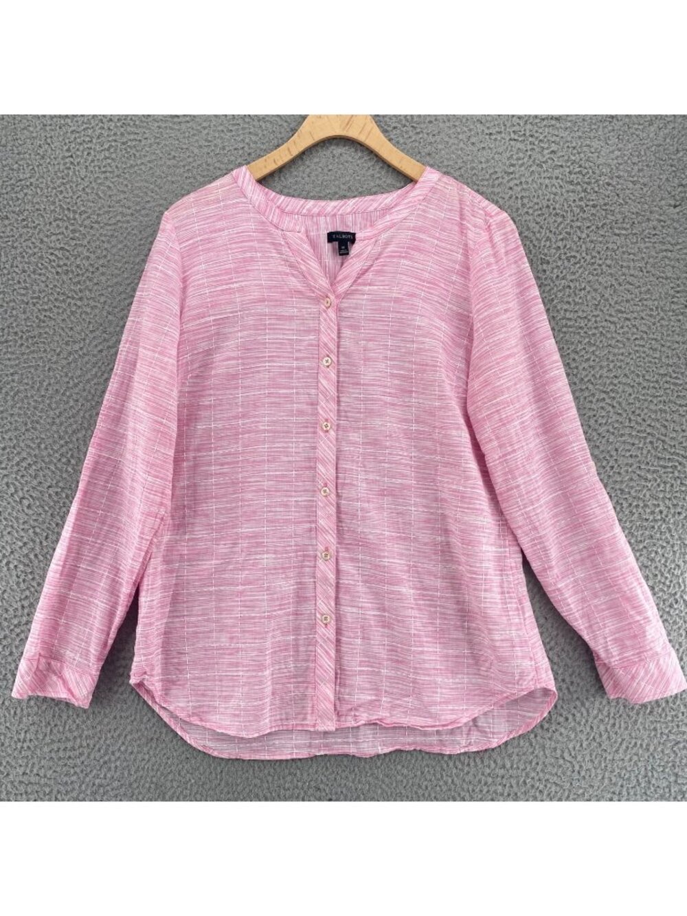 Talbots Top Womens Medium Pink Heather Window Check Round Split Neck Button Up